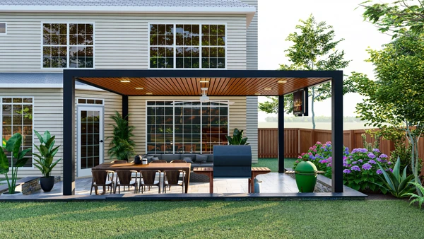 Véranda moderne avec structure en bois et toiture vitrée, aménagée en jardin d'hiver avec nombreuses plantes en pots disposées au sol et sur rebords